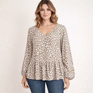 Leopard Print Peplum V-Neck Balloon Long Sleeve Blouse - XXL
